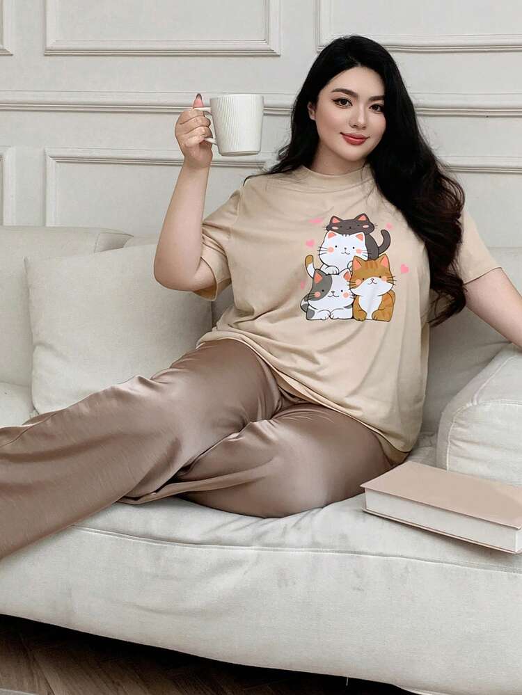 Dazy Plus Cartoon Cat Print Loose Shirt And Elastic Waist Pants Pajama Set Casual Sets For Women