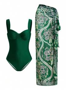 Swim Chiccia 1 套女式翠绿色闪亮面料聚拢连体泳衣，波西米亚度假波西米亚风优雅休闲，适合春夏季假日海滩派对 - 彩色 - 查看 9