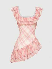 ROMWE J-Fashion Y2K复古格子不对称下摆上衣 - 粉色 - 查看 2