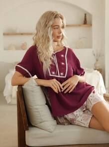 Lullawish Conjunto de pantalones de pijama holgados con estampado bohemio y color contrastante para mujer