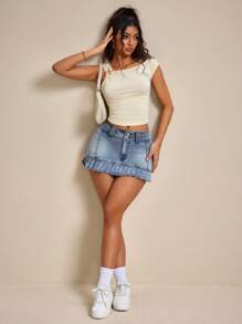SHEIN EZwear Falda corta de mezclilla informal de mujer con dobladillo con volantes - Azul - Ver 5