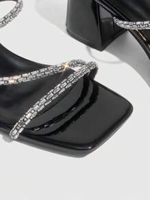 CUCCOO SZL Women's High Heel Chunky Chain Strap Slip-On Sandals, Suitable For Going Out, Vacation, Party In Summer - Black - View 6