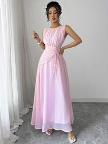 Vestido maxi de gasa elegante y casual para mujer, estilo vintage romántico, adecuado para la playa, elé de la tarde, fiestas, bodas, ir al trabajo, sin mangas, cintura con cordón, espalda plisada, forrado, primavera/verano - Rosa - Ver 7