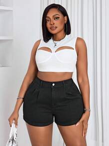 Slaydiva Plus Size Casual Washed High Waist Denim Shorts - Black - View 6