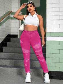 SHEIN ICON Plus Size Medium Washed Blue High Elasticity Skinny Distressed Sexy Denim Jeans