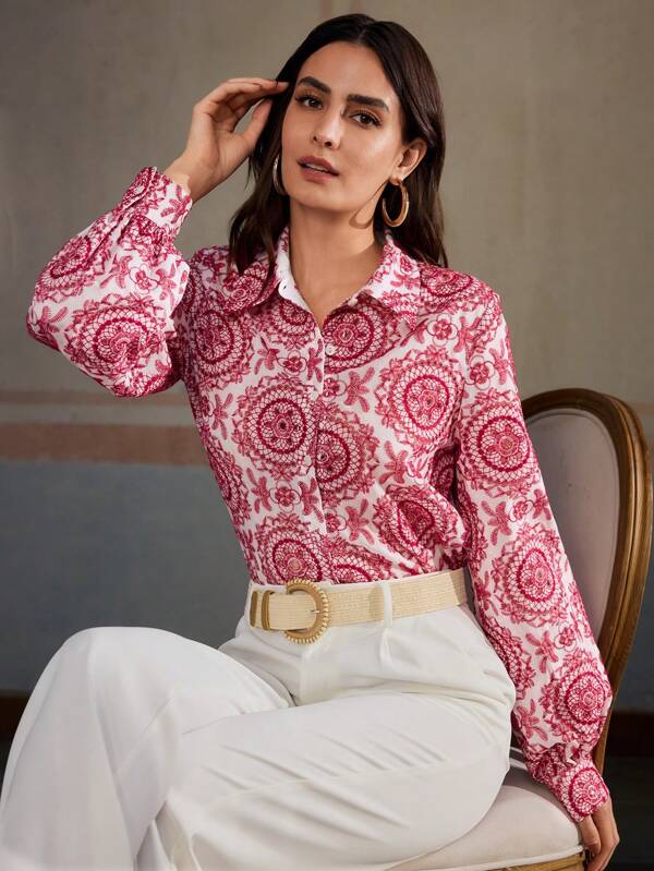ZEYLAH Embroidered Fabric Long Lantern Sleeve Shirt With Collar