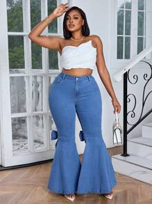 Slaydiva 大码女式弹力牛仔喇叭裤，蝴蝶结装饰，修身牛仔喇叭裤 - 中等水洗藍 - 查看 4