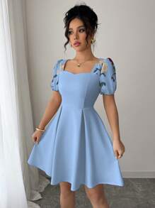 Elenzga 刺绣网眼拼布水钻领 A 字优雅女式短裙