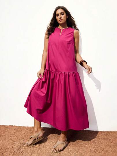 Maija 大码女式无袖圆领连衣裙，简约纯色长款连衣裙，适合休闲春夏，2026 年新款设计