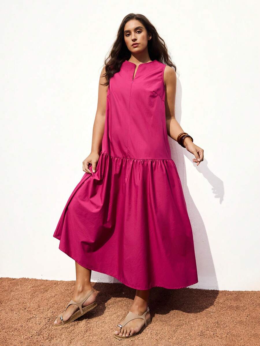 Maija Đầm cổ tròn không tay cỡ lớn cho nữ, Đầm dài màu trơn tối giản cho thường ngày xuân/hè, thiết kế mới 2026 - Màu Hồng Tươi - Xem 1