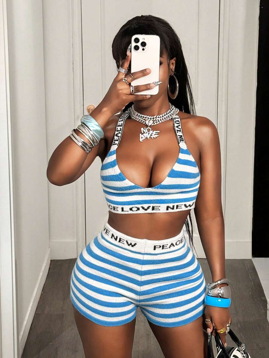 BamGleam 2pcs Women Sexy Letter Print Strap Camisole And Striped Knit Shorts Set - Multicolor - View 1