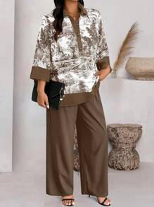 EMERY ROSE Bộ 2 món/Bộ đồ vest quần dài màu trơn chắp vá cài nút phía trước, họa tiết ngẫu nhiên - Màu Khaki - Xem 4