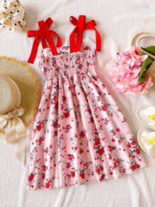 少女连衣裙，优雅的粉色玫瑰花卉印花连衣裙，细肩带，荷叶边下摆，蝴蝶结装饰，A 字廓形，适合度假、上学、春夏季 - 彩色 - 查看 2