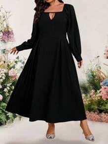 Bellastra Plus Size Solid Long Sleeve Dress, Simple & Fashionable Suitable For Summer - Navy Blue - View 4