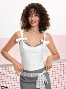 SHEIN MOD 白色前领蝴蝶结装饰拼接领可爱上衣 - 白色 - 查看 1