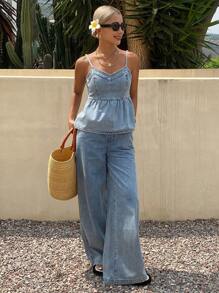 Livesso 2件套女士夏季束腰吊带背心和长裤休闲牛仔套装