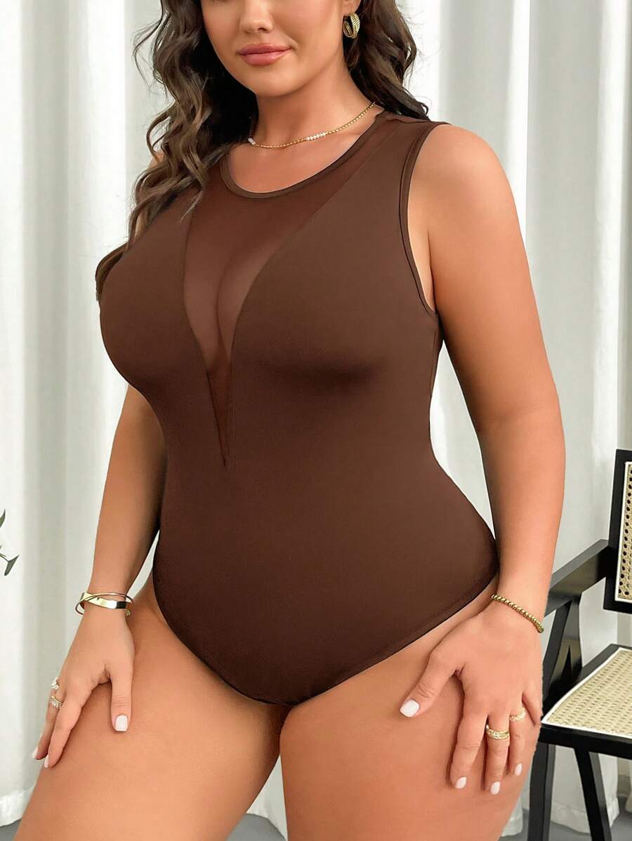 SHEIN Privé 大码无袖休闲雪纺拼接性感弹力女式紧身衣，适合工作和度假，春夏季