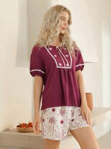 Lullawish Conjunto de pantalones de pijama holgados con estampado bohemio y color contrastante para mujer