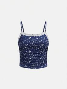 SHEIN Teen Girls Elegant Ditsy Floral Lace Trim Ruched Camisole And Ruched Shorts Soft Comfortable 2Pcs Pajama Set - Navy Blue - View 8