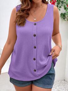 SHEIN VCAY Áo ba lỗ cổ tròn màu trơn cỡ lớn cài nút phía trước thường ngày đi nghỉ - Màu Lilac Tím - Xem 4