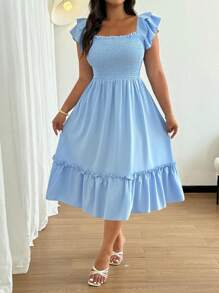 Flirla Women's Ruffle Pleated A-Line Vacation Casual Long Dress, Summer - Blue - View 6