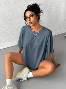 INAWLY Camiseta Holgada Con Cuello Redondo Y Hombros Caídos De Color Sólido