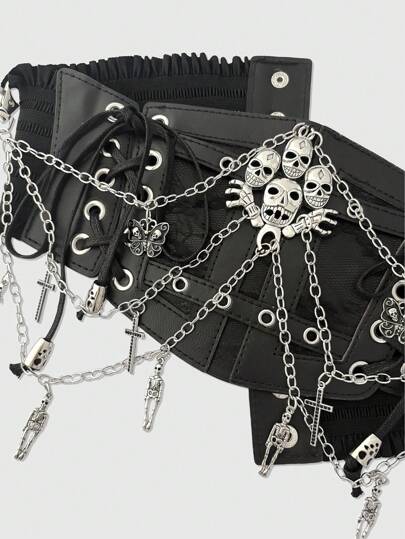 Goth 1pc Women's Black Lace Chain Skull & Cross Tie Waist Decor Dark Goth Elastic Waistband Dress Accessory For Halloween