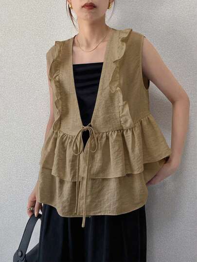 FRIFUL 女士系带荷叶边开衫，休闲夏季外套，亚麻材质
