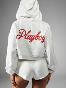 Missguided x Playboy 泡泡印花短款拉链运动连帽衫复古风格长袖健身街头服饰秋冬运动衫 - 淺灰色 - 查看 1