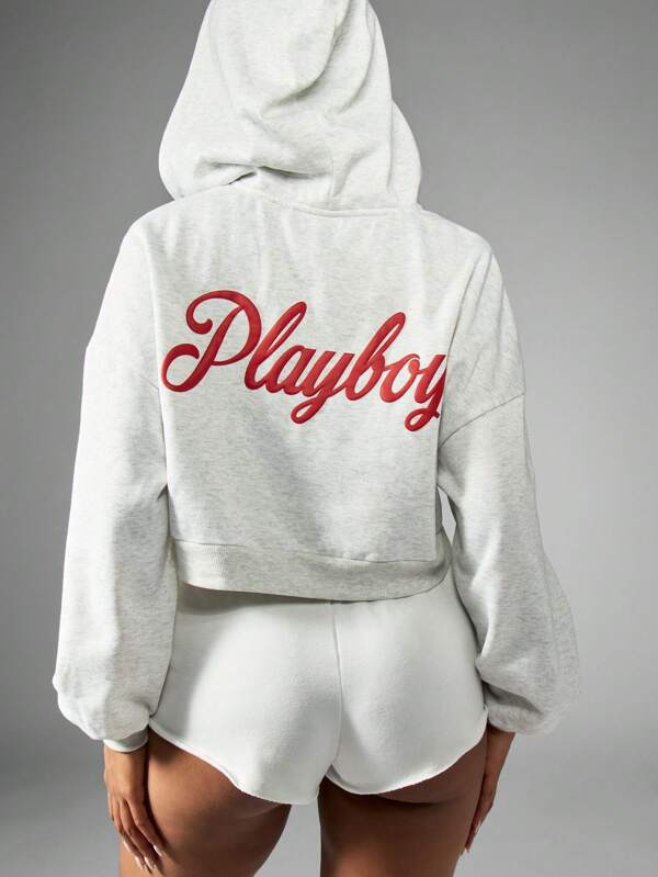 Missguided x Playboy Hanorac sport cu imprimeu bufant, scurt, cu fermoar, stil retro, mânecă lungă, antrenament, ținută de stradă, toamnă și iarnă, activ