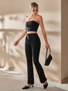 EURMUSE Striped Print Tube Top & Trousers - Black - View 2