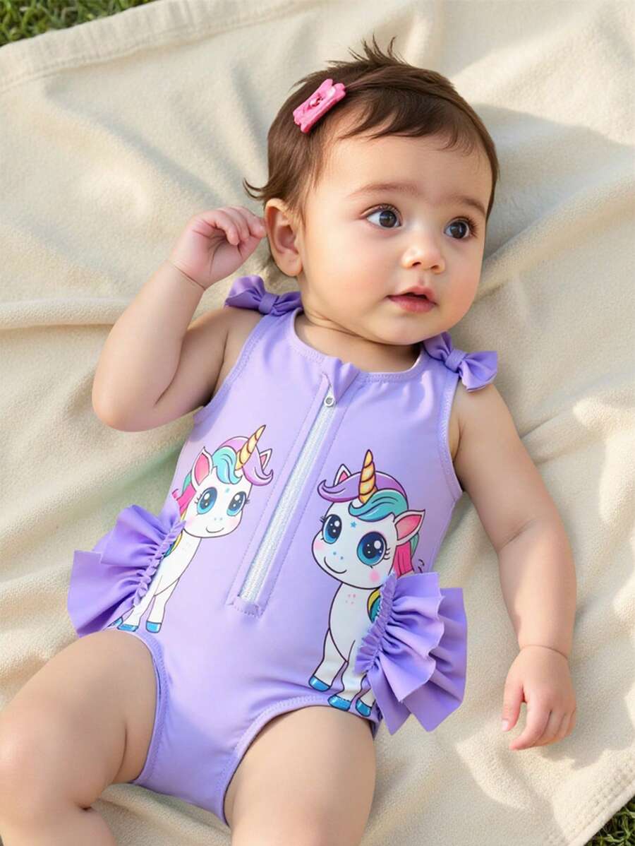 新生儿可爱蝴蝶结装饰独角兽印花拉链连体泳衣 - 淡紫色 - 查看 1