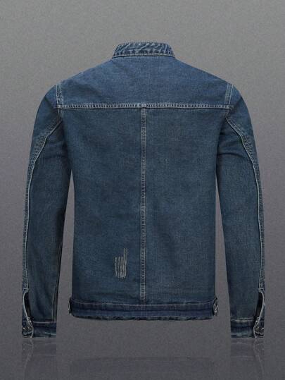 Manfinity Homme Áo khoác denim dài tay kiểu biker cổ cao có khóa kéo dành cho nam, thích hợp cho mùa thu.