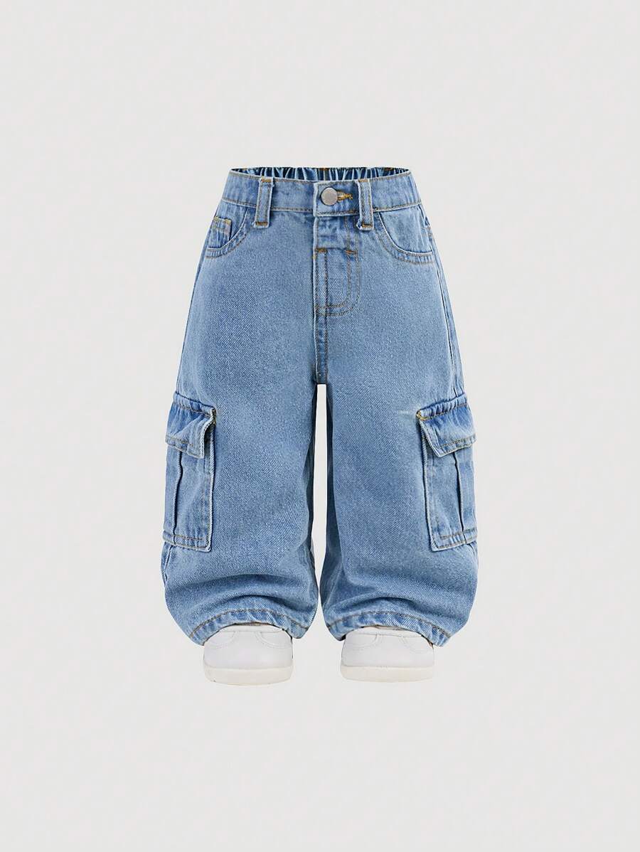 SHEIN 男婴街头酷炫水洗迷彩工装口袋宽松牛仔裤，休闲百搭，适合男婴秋冬装 - 淺色水洗藍 - 查看 1