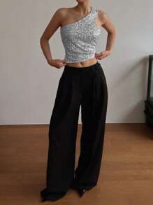 Strévra 女士不对称领亮片上衣，适合派对、聚会、外出、新年闪亮嘉年华等场合 - 銀色 - 查看 4