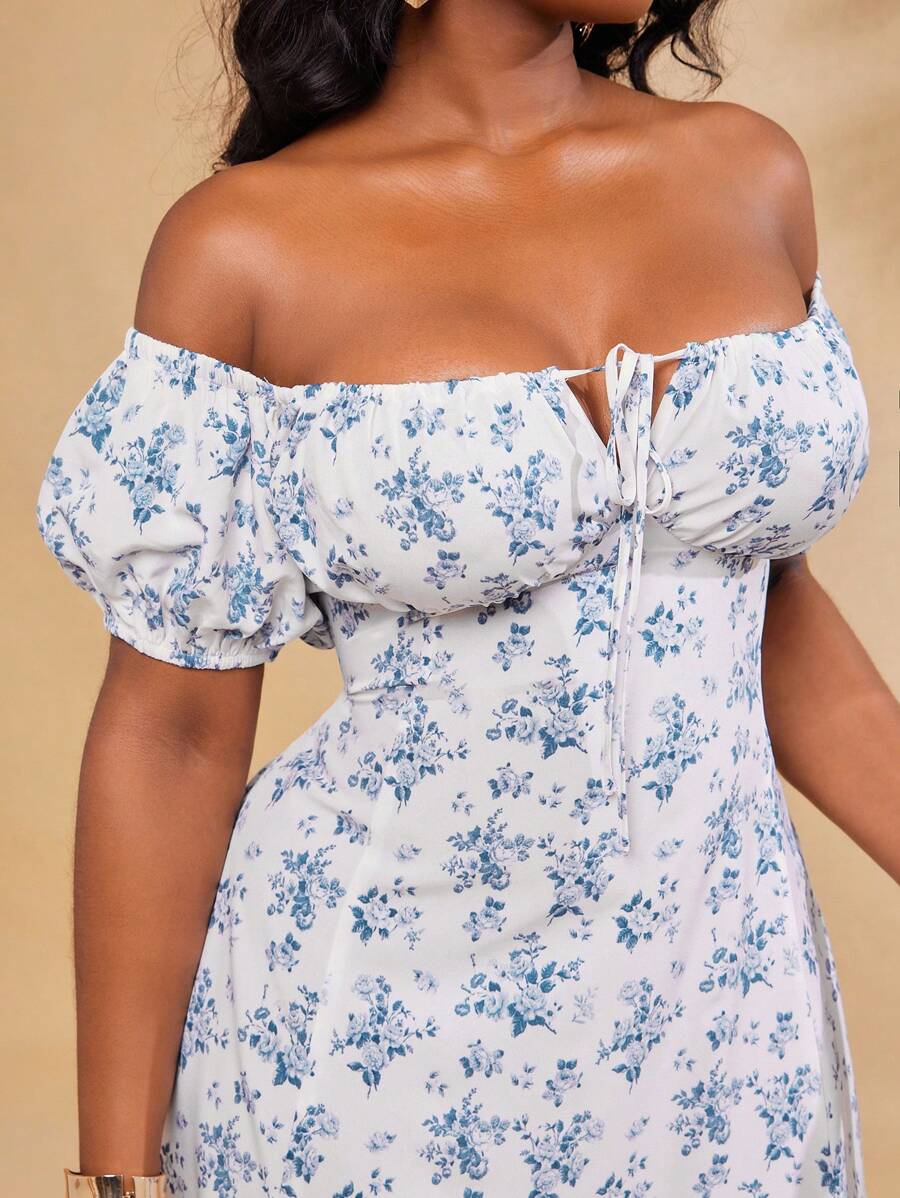 SHEIN SXY Đầm Maxi Maxi xẻ tà họa tiết hoa thanh lịch gợi cảm cổ vuông tay bồng và trễ vai hai cách mặc mùa xuân và mùa hè cỡ lớn cho nữ thích hợp mặc hàng ngày - Nhiều màu - Xem 1