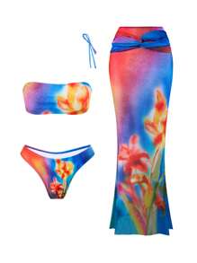 Swim Oasis Bohemian Style Women Printed Bikini Swimsuit With Long Cover Up Skirt Set, Suitable For Beach Vacation For Summer