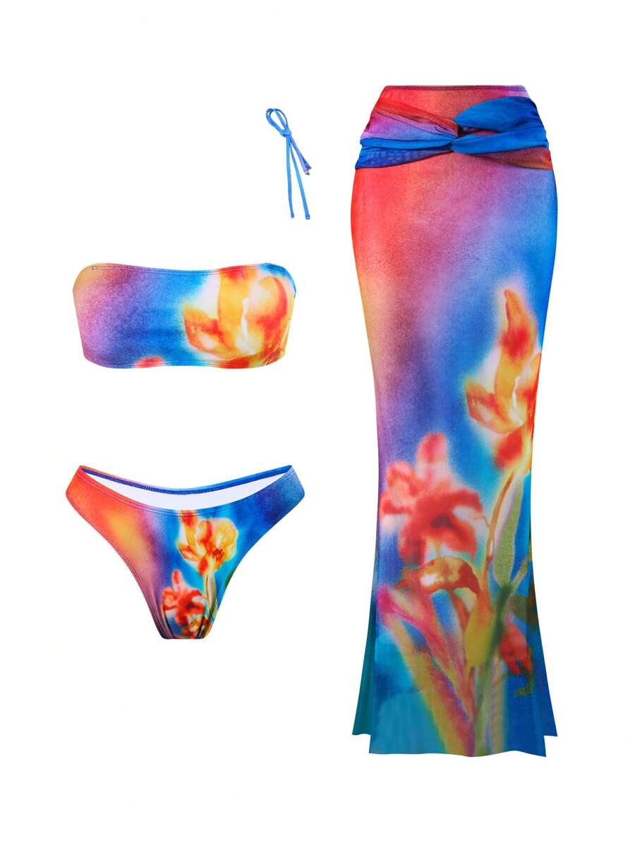 Swim Oasis Bohemian Style Women Printed Bikini Swimsuit With Long Cover Up Skirt Set, Suitable For Beach Vacation For Summer