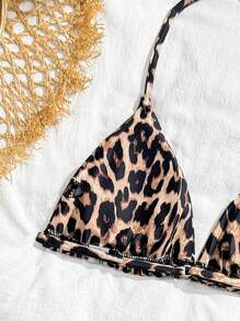 WESTFADE Young Tween Girl Leopard Print Halterneck Bikini Swimsuit Set And Mini Beach Skirt
