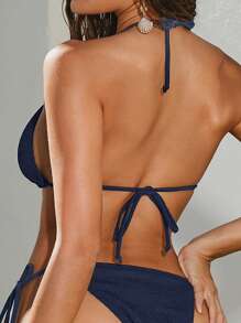 Opulessa Women's Solid Color Halter Neck Tied Sexy Bikini Top For Summer Beach, Swimsuits For Woman, Fall Women Clothes,Chic Swimsuit - Navy Blue - View 2