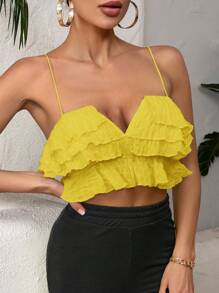SHEIN SXY Women's Plain Color Multi-Layer Ruffle Hem Cami Top, Vacation Wear - Yellow - View 5