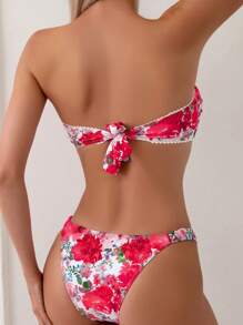 Swim Mod 女士两件套泳衣，花卉装饰泳衣，适合海滩度假，版权所有，随机印花 - 紅色 - 查看 2