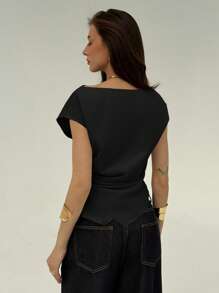 Aloruh Áo sơ mi công sở cổ tròn xếp ly màu mơ cho nữ - màu đen - Xem 2