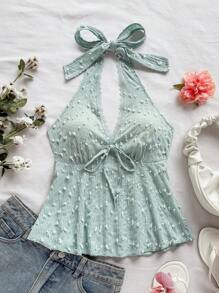 Soleia 女士度假针织波尔卡圆点提花纹理吊带打结 V 领收腰 A 字背心，适合派对、约会、情人节、下午茶 - 薄荷藍 - 查看 6