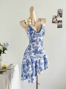 Soleia 女式度假不对称下摆无袖蓝色印花雪纺连衣裙