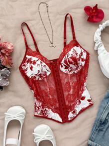 Soleia Áo crop top xương cá vá ren rỗng màu xanh và trắng, phong cách cổ điển, dành cho phái nữ - Đỏ và trắng - Xem 5