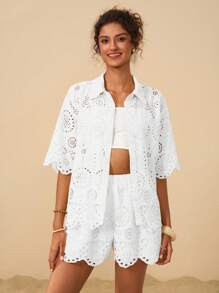 Travachic 女士镂空短袖单排扣宽松休闲衬衫，休闲女装风格，秋季时尚，外出休闲，优雅乡村风 - 白色 - 查看 5