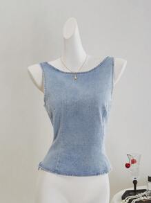 SHEIN MOD Top corto in denim da donna, canotta casual aderente senza maniche e senza schienale, blu
