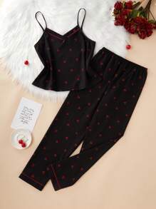 SilkySpell Conjunto de pijama de verano para mujer con top de tirantes y pantalones estampado de cerezas - Negro - Ver 5