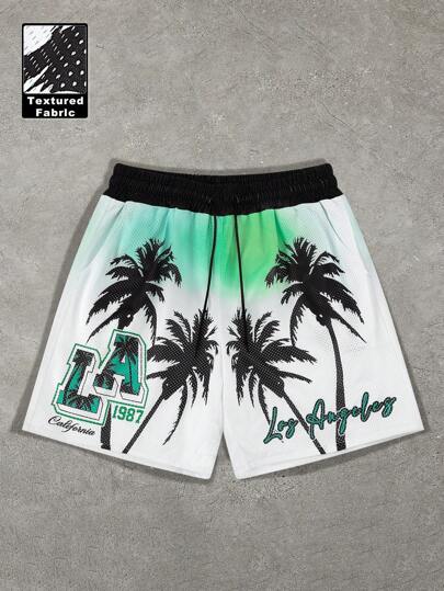 Manfinity Chillmode Pantalones cortos casuales para hombre con cordón en la cintura, con estampado de palmeras y letras para vacaciones